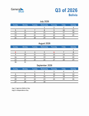 Bolivia Quarter 3  2026 calendar template