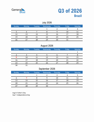 Brazil Quarter 3  2026 calendar template