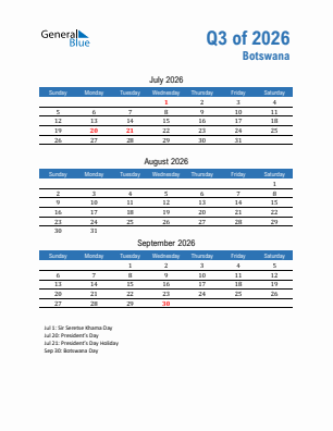 Botswana Quarter 3  2026 calendar template
