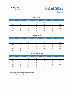 Belize Quarter 3  2026 calendar template