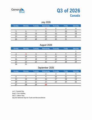Canada Quarter 3  2026 calendar template