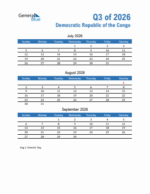 Democratic Republic of the Congo Quarter 3  2026 calendar template