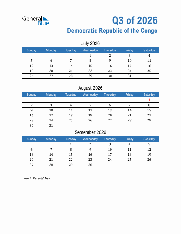 Democratic Republic of the Congo Q3 2026 Quarterly Calendar with Sunday Start