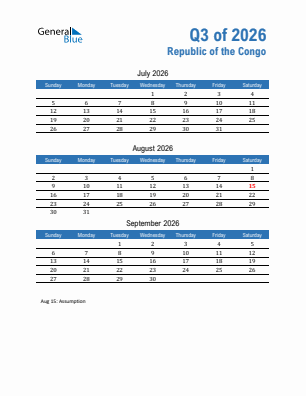 Republic of the Congo Quarter 3  2026 calendar template