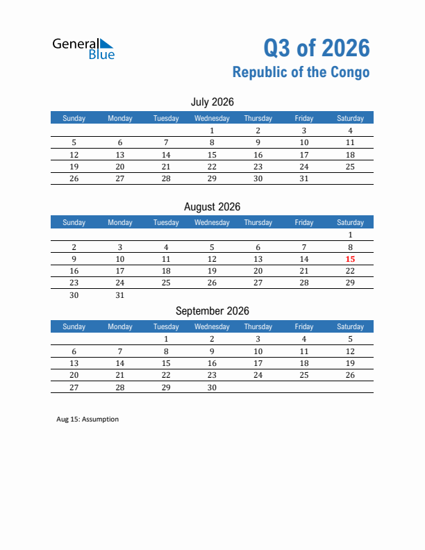 Republic of the Congo Q3 2026 Quarterly Calendar with Sunday Start