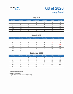 Ivory Coast Quarter 3  2026 calendar template