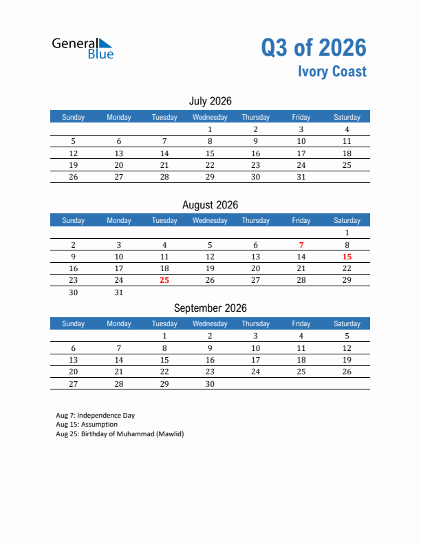 Ivory Coast Q3 2026 Quarterly Calendar with Sunday Start