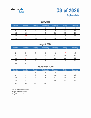 Colombia Quarter 3  2026 calendar template