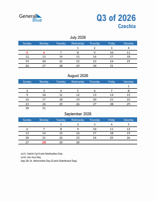 Czechia Quarter 3  2026 calendar template