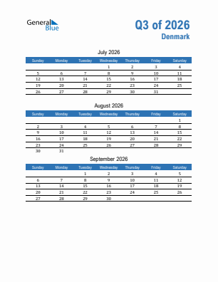 Denmark Quarter 3  2026 calendar template