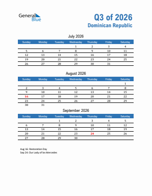 Dominican Republic Quarter 3  2026 calendar template