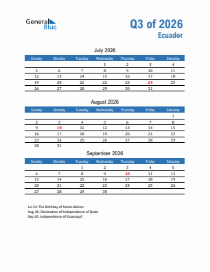 Ecuador Quarter 3  2026 calendar template