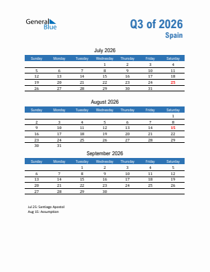 Spain Quarter 3  2026 calendar template