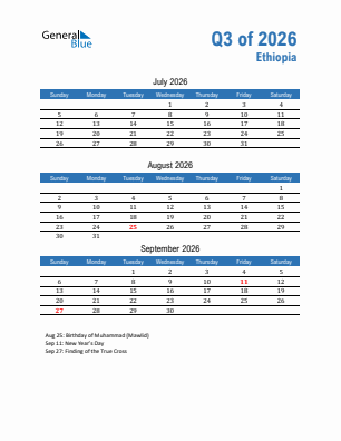 Ethiopia Quarter 3  2026 calendar template