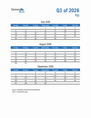 Fiji Quarter 3  2026 calendar template