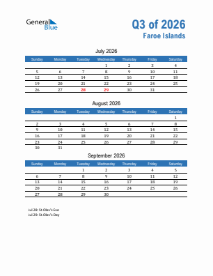 Faroe Islands Quarter 3  2026 calendar template