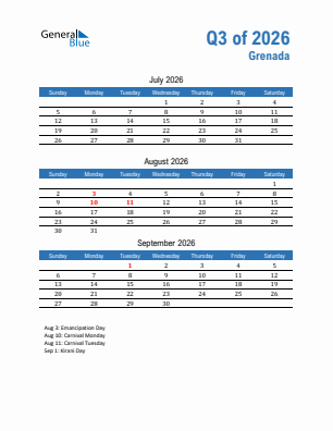 Grenada Quarter 3  2026 calendar template