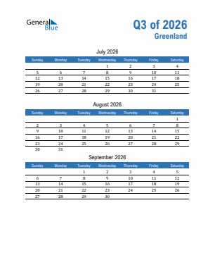 Greenland Quarter 3  2026 calendar template