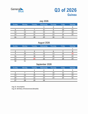 Guinea Quarter 3  2026 calendar template