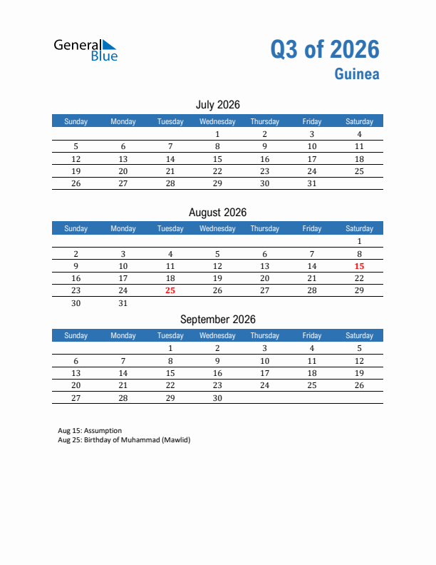 Guinea Q3 2026 Quarterly Calendar with Sunday Start