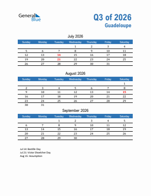 Guadeloupe Quarter 3  2026 calendar template
