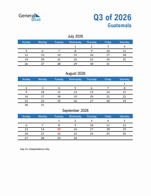 Guatemala Quarter 3  2026 calendar template