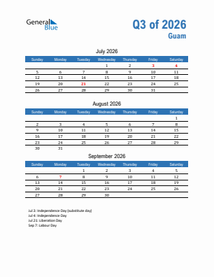 Guam Quarter 3  2026 calendar template