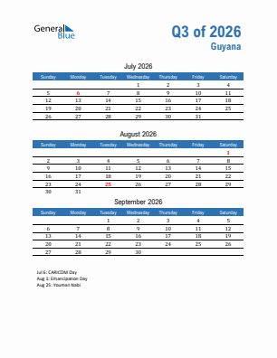 Guyana Quarter 3  2026 calendar template