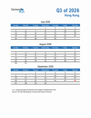 Hong Kong Quarter 3  2026 calendar template