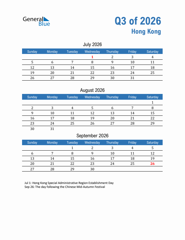 Hong Kong Q3 2026 Quarterly Calendar with Sunday Start
