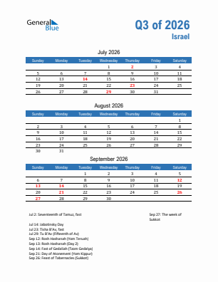 Israel Quarter 3  2026 calendar template