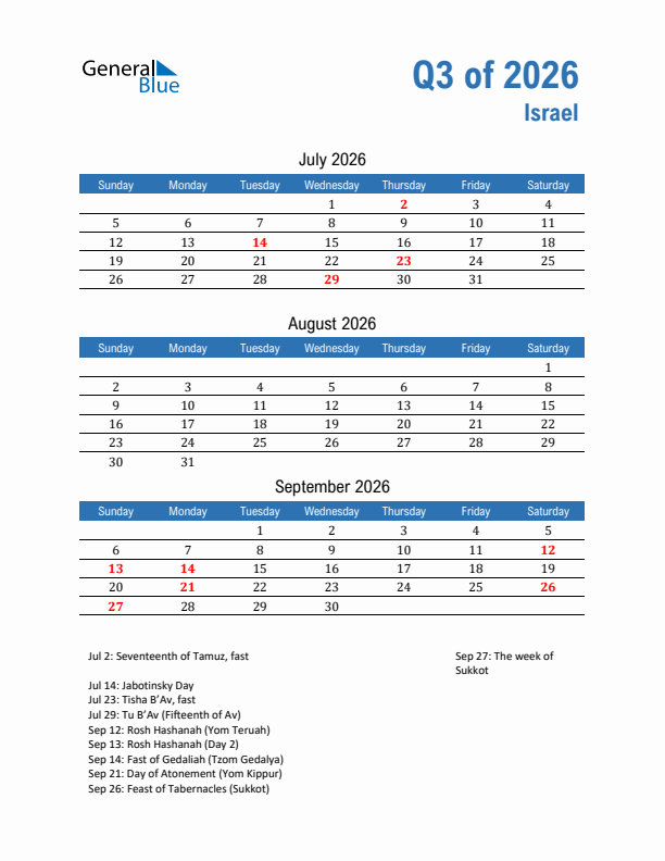 Israel Q3 2026 Quarterly Calendar with Sunday Start