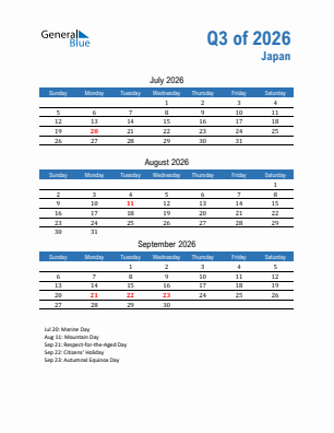 Japan Quarter 3  2026 calendar template