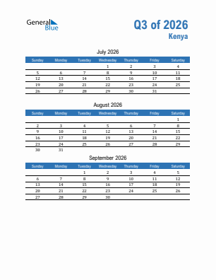 Kenya Quarter 3  2026 calendar template