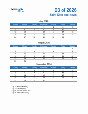 Saint Kitts and Nevis Quarter 3  2026 calendar template