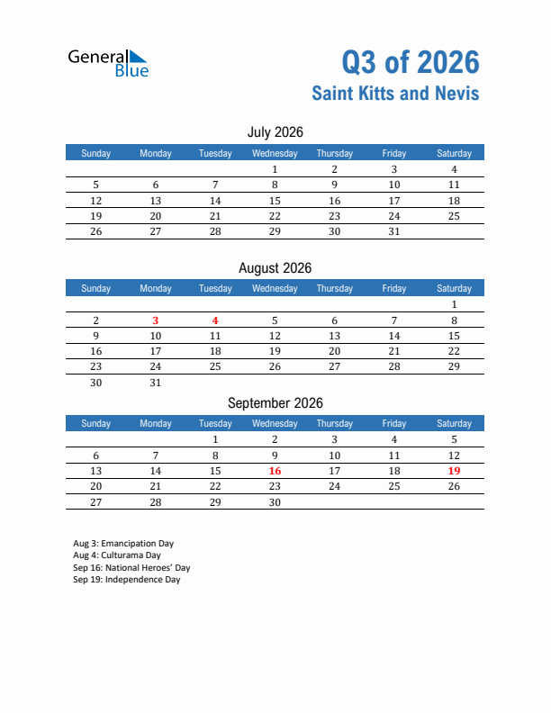 Saint Kitts and Nevis Q3 2026 Quarterly Calendar with Sunday Start