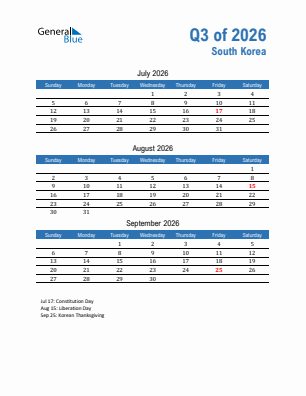 South Korea Quarter 3  2026 calendar template