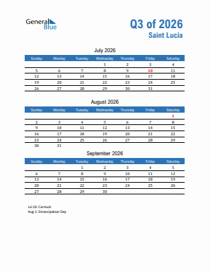 Saint Lucia Quarter 3  2026 calendar template