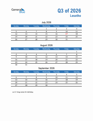 Lesotho Quarter 3  2026 calendar template