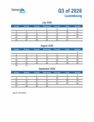Luxembourg Quarter 3  2026 calendar template