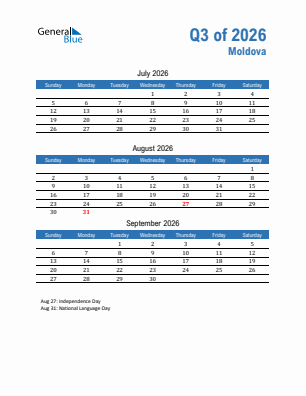 Moldova Quarter 3  2026 calendar template