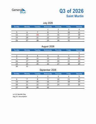Saint Martin Quarter 3  2026 calendar template