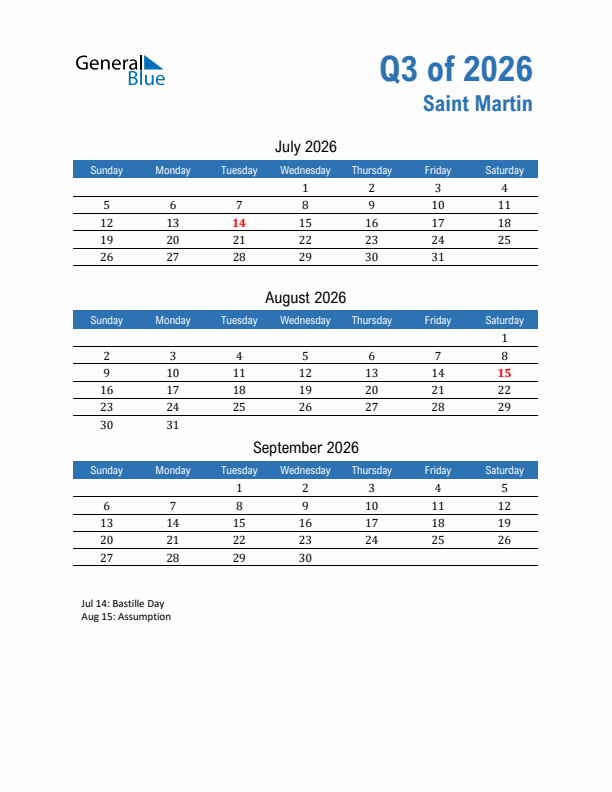 Saint Martin Q3 2026 Quarterly Calendar with Sunday Start