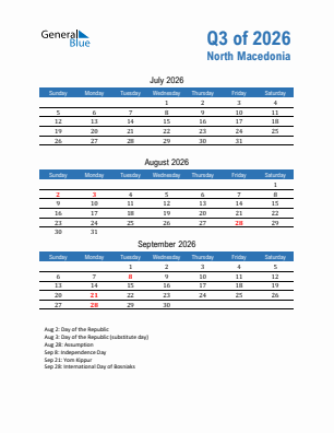 North Macedonia Quarter 3  2026 calendar template