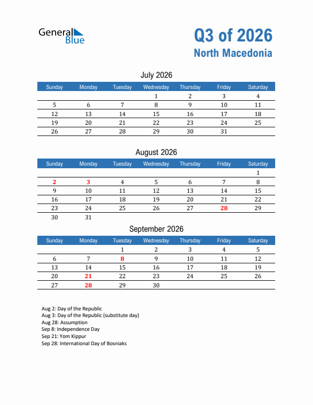 North Macedonia Q3 2026 Quarterly Calendar with Sunday Start