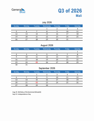 Mali Quarter 3  2026 calendar template