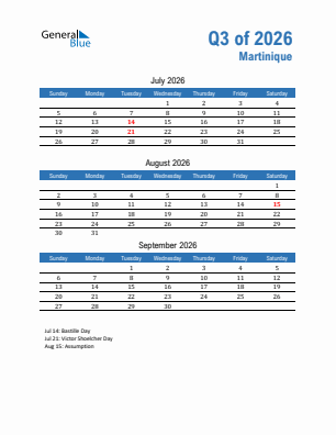 Martinique Quarter 3  2026 calendar template