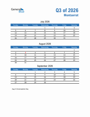 Montserrat Quarter 3  2026 calendar template
