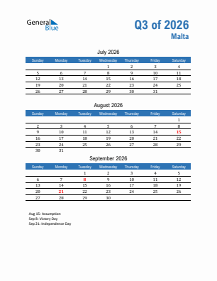 Malta Quarter 3  2026 calendar template