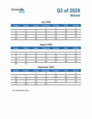 Malawi Quarter 3  2026 calendar template